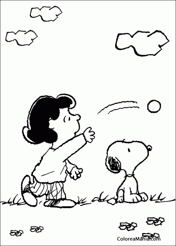 Colorear Snoopy y Lucy jugando a pelota