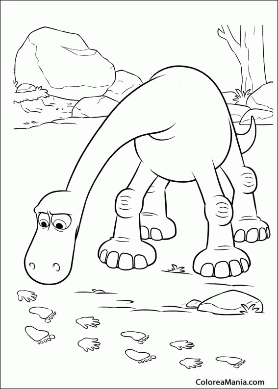 Colorear Arlo encuentra huellas (El Viaje de Arlo), dibujo para colorear gratis Colorear Arlo encuentra huellas (El Viaje de Arlo), dibujo para colorear gratis