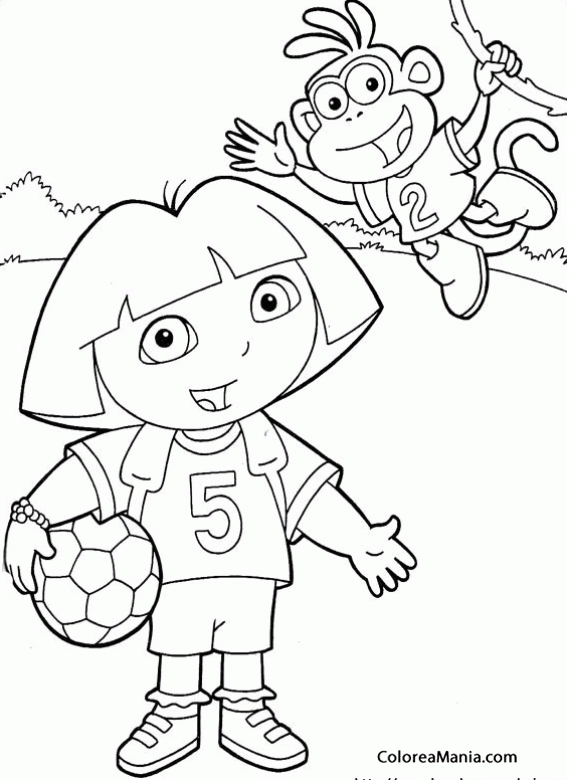 Colorear Dora y Botas juegan al ftbol