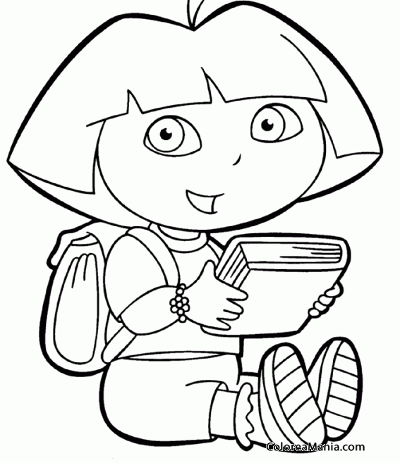 Colorear Dora va a leer un libro