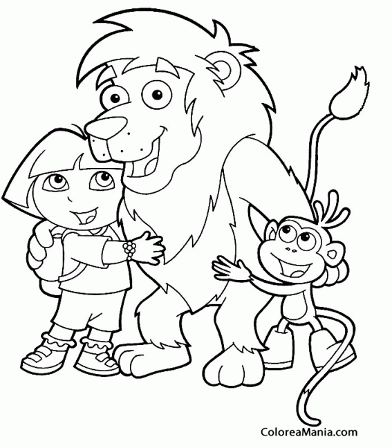 Colorear Dora, Lion y Botas