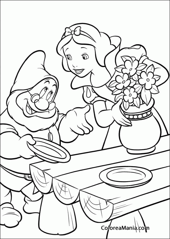 Colorear Blancanieves con flores