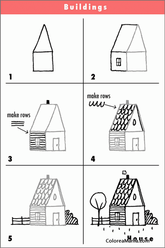 Colorear Cómo dibujar una casita con jardín (Cómo dibujar casas y  castillos), dibujo para colorear gratis
