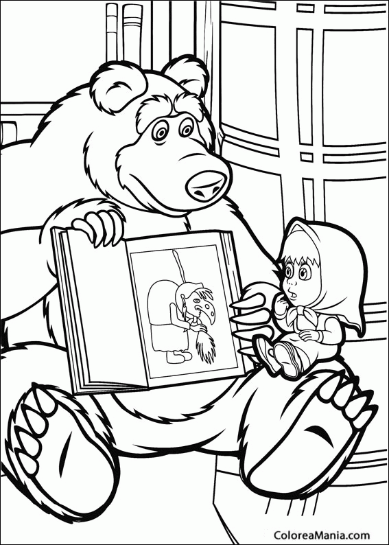 Colorear Masha y el oso explicando un cuento (Masha y el Oso), dibujo para  colorear gratis