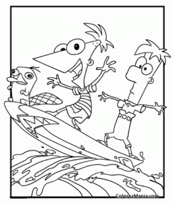 Colorear Phineas, Ferb y Perry hacen surf