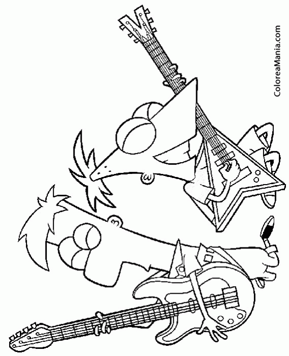 Colorear Phineas y Ferb tocan la guitarra