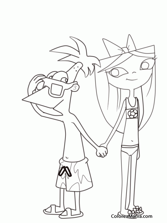 Colorear Isabella y Phineas cogidos de la mano (Phineas y Ferb), dibujo  para colorear gratis