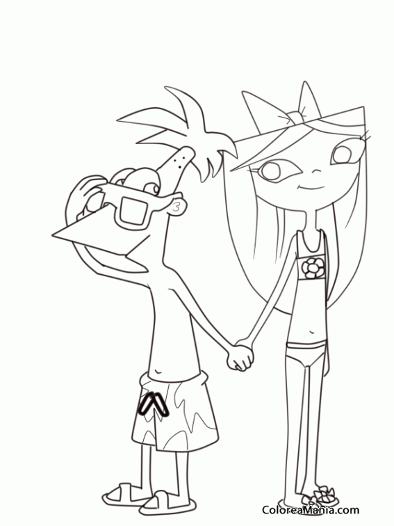 Colorear Phineas e Isabella en la playa