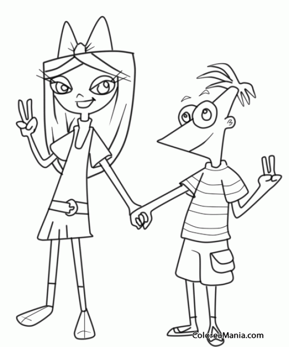 Colorear Isabella y Phineas hacen el signo V