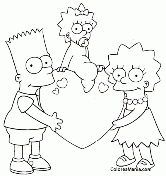Colorear Bart, Lisa y Maggie con un corazn