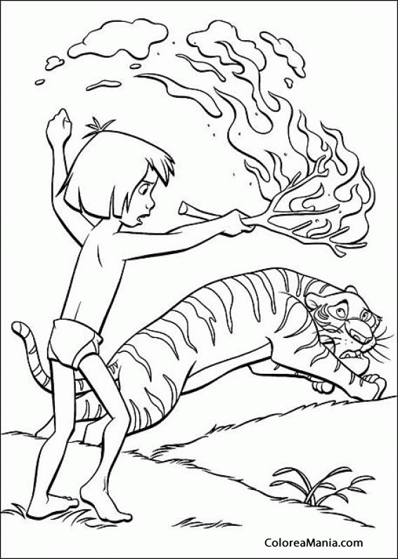 Colorear Mowgli auyenta a Shere Kan con fuego