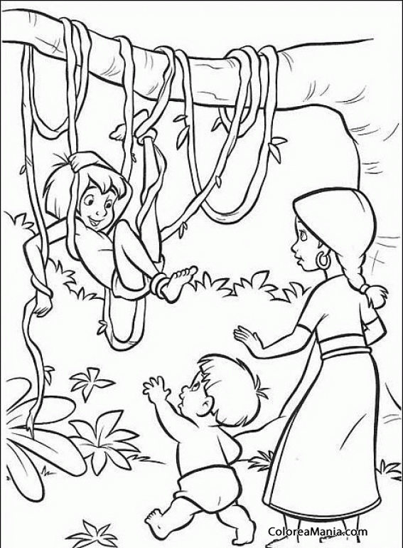 Colorear Mowgli enredado en lianas
