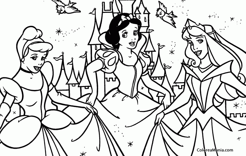 Colorear Princesas Cenicienta, Blancanieves y Bella durmiente (Princesas), dibujo  para colorear gratis