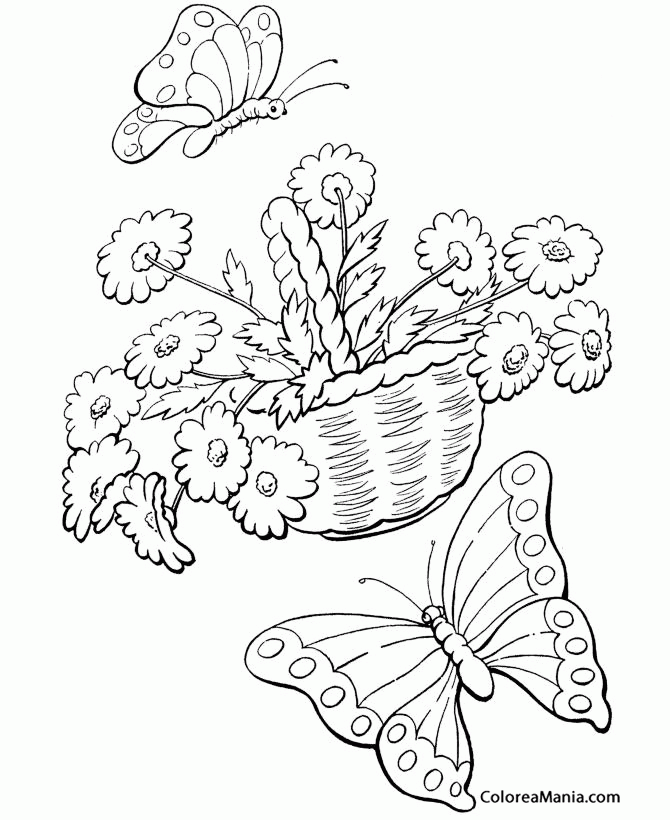 Colorear Mariposas y cesto de flores
