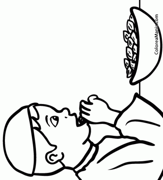 Colorear Niño comiendo dátiles de un bol (Frutas), dibujo para colorear gratis Colorear Niño comiendo dátiles de un bol (Frutas), dibujo para colorear gratis