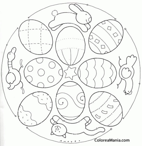 Colorear Mandalas Pascua, conejo, pollo, gato, pato