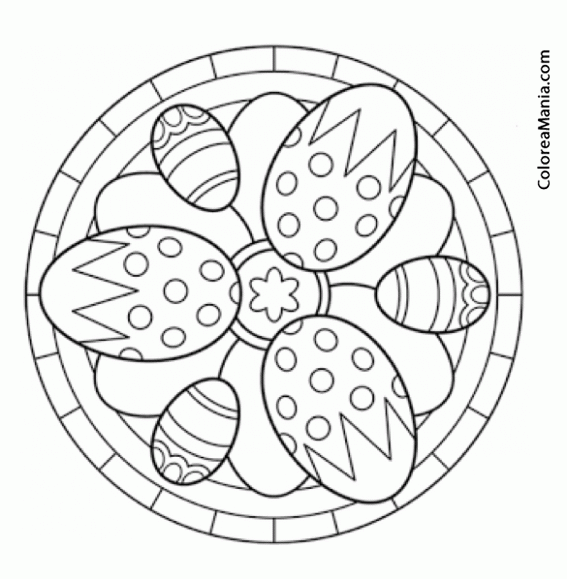 Colorear Mandalas Pascua, tres huevos