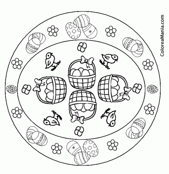 Colorear Mandalas Pascua 4 cestos con huevos