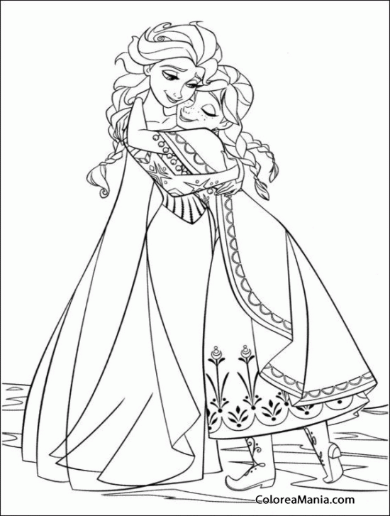 Colorear Abrazo de Elsa y Anna (Frozen), dibujo para colorear gratis