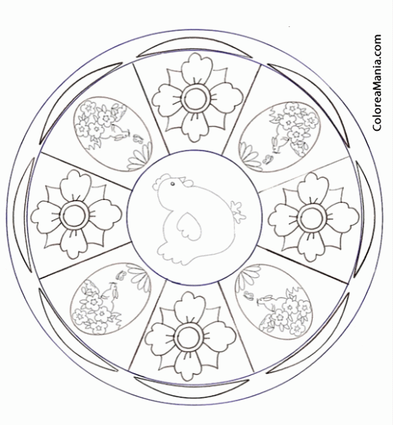 Colorear Mandalas Pascua, 4 huevos 4 flores