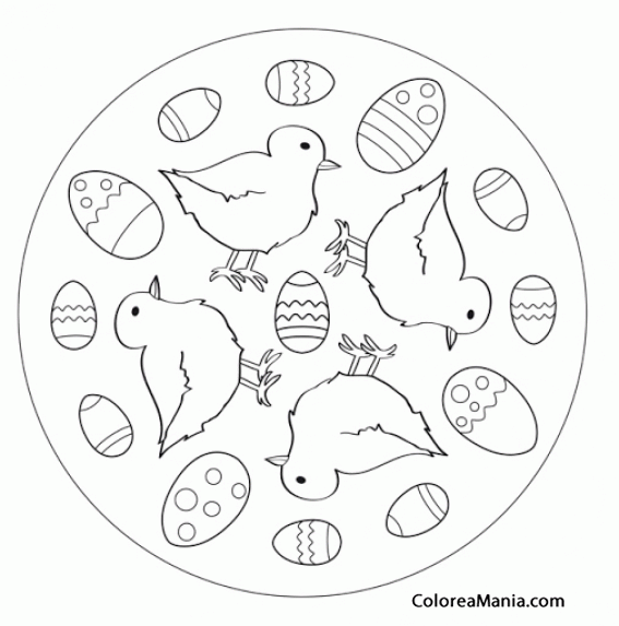 Colorear Mandalas Pascua, 4 huevos 4 pollitos