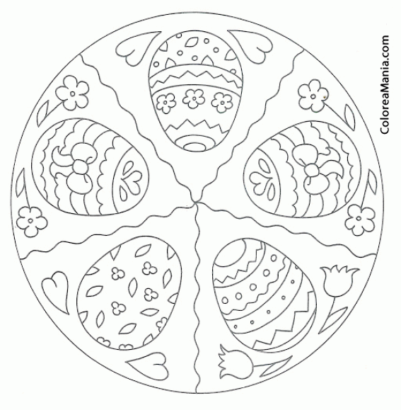 Colorear Mandalas Pascua, 5 huevos 