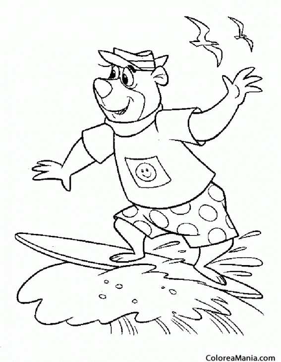 Colorear Oso Yogui surfeando