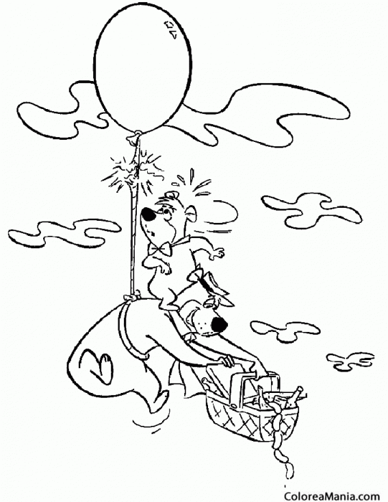 Colorear Oso Yogui atado a un globo