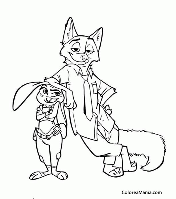 Colorear Nick Wilde se apoya en Judy Hopp con una esposas