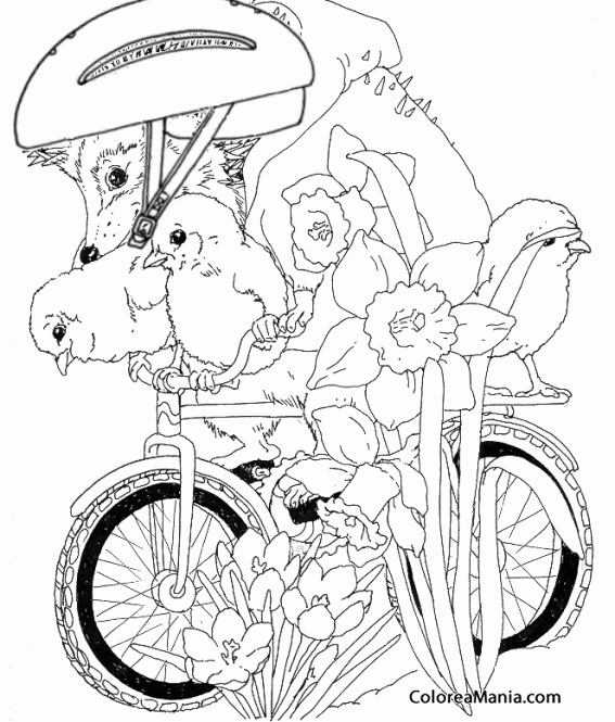 Colorear Erizo en bicicleta cargado de pollitos (Animales del Bosque),  dibujo para colorear gratis