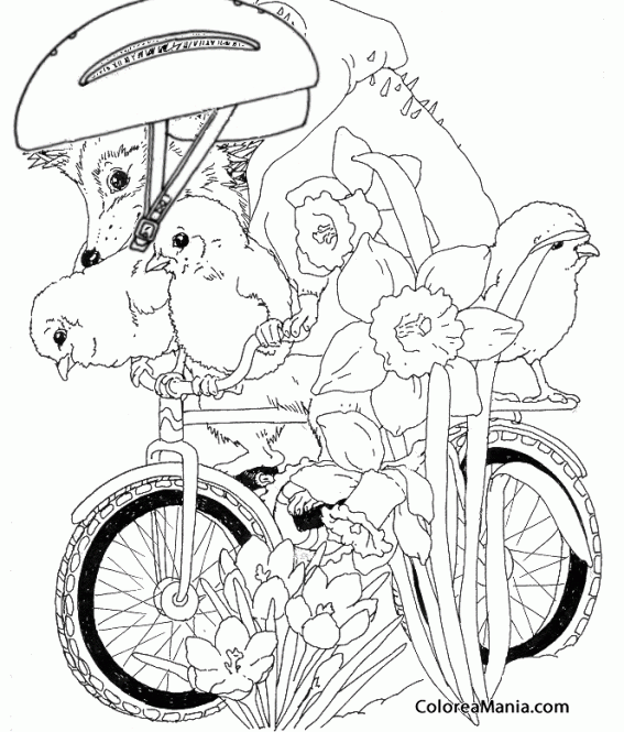 Colorear Erizo en bicicleta cargado de pollitos (Animales del Bosque), dibujo para colorear gratis Colorear Erizo en bicicleta cargado de pollitos (Animales del Bosque), dibujo para colorear gratis