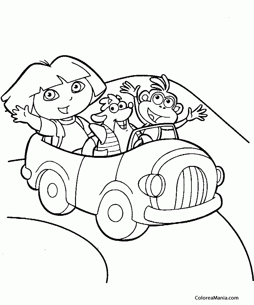 Colorear Dora, Botas Y Benny el toro van en coche