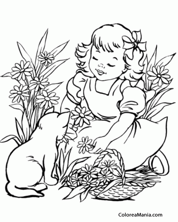 Colorear Gato acompaando nia que recoge flores