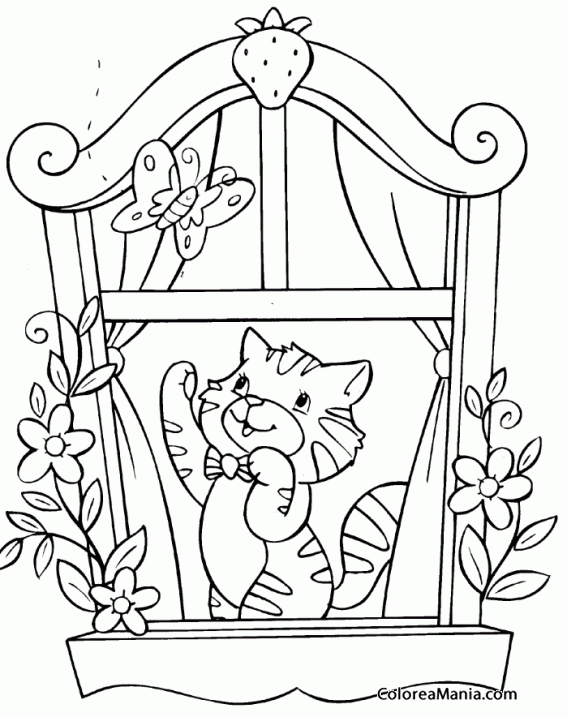 Colorear Gatito en la ventana persiguiendo mariposa
