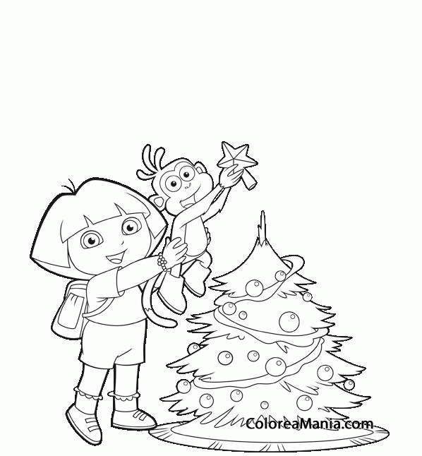 Colorear Dora y Botas adornan el rbol de Navidad