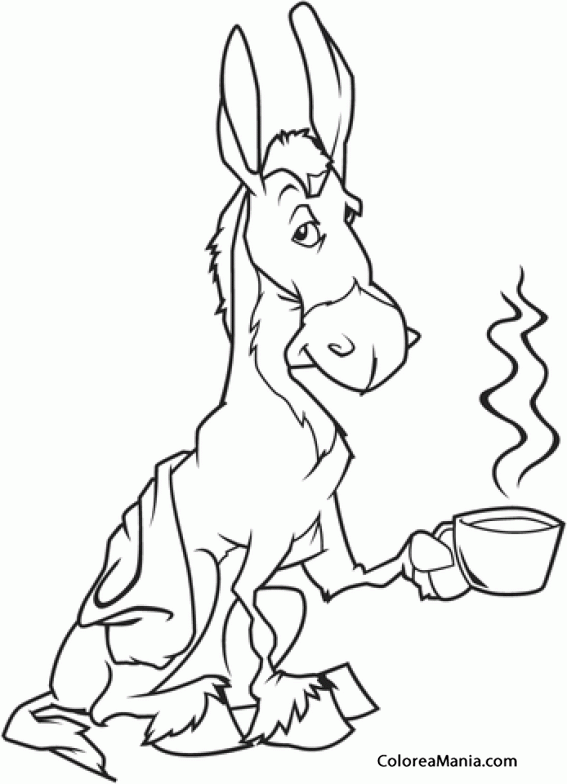 Colorear Asno. Burro con taza de caf