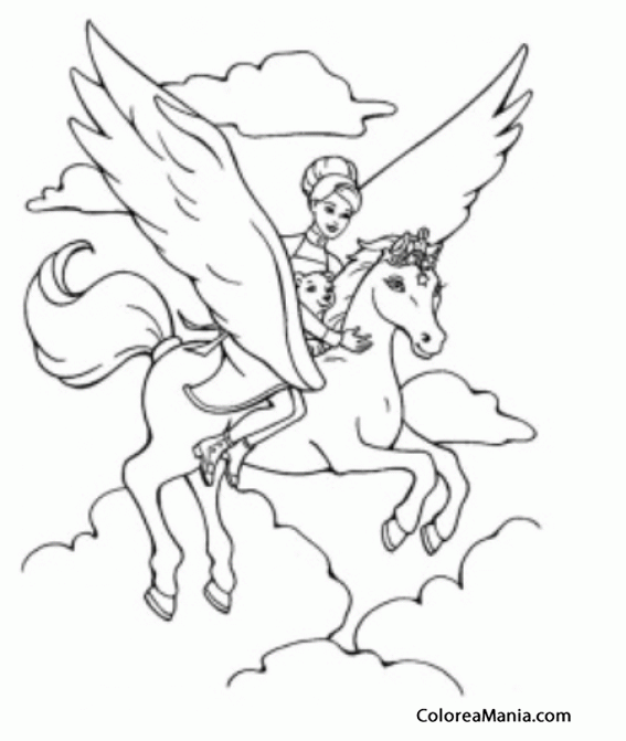 Colorear Pegaso con bella jinete