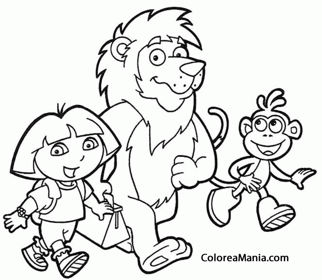 Colorear Dora, Botas y un len