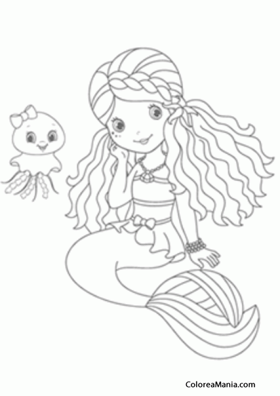 Colorear Hermosa Sirena con una medusa