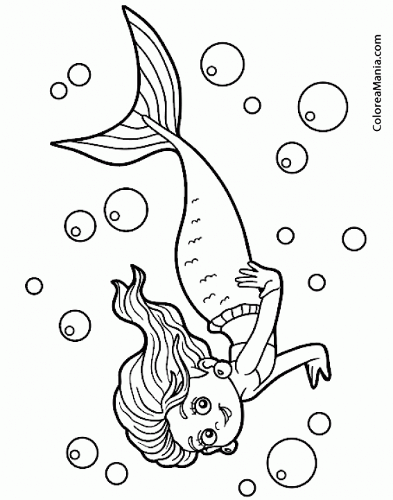Colorear Hermosa Sirena nadando entre burbujas