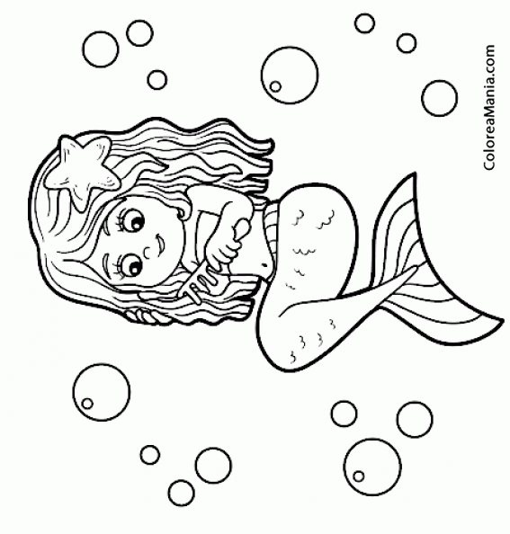 Colorear Hermosa Sirena peinndose entre burbujas