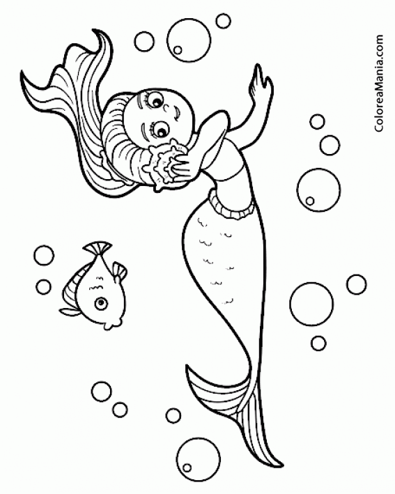 Colorear Sirena con un pez, escuchando la caracola