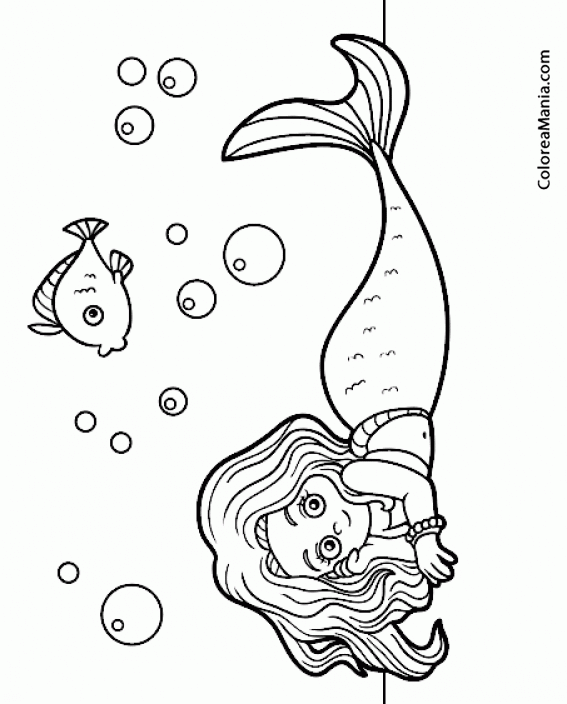 Colorear Sirena reposando en el fondo acompaada de un pez