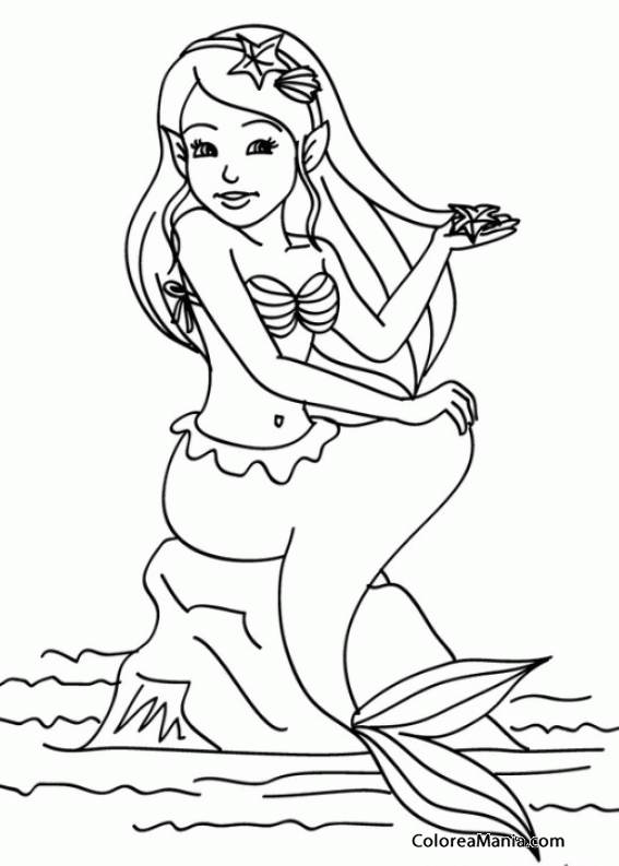Colorear Sirena sentada en la roca con una estrellita