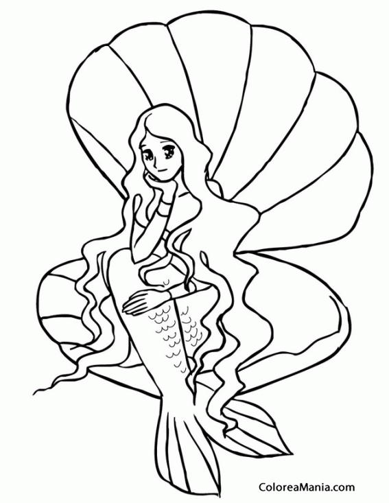 Colorear Sirena sentada en ostra gigante