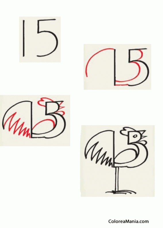 Colorear DIbujar un gallo con el número 15 (Cómo dibujar Aves), dibujo para  colorear gratis