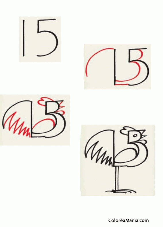 Colorear DIbujar un gallo con el número 15 (Cómo dibujar Aves), dibujo para colorear gratis Colorear DIbujar un gallo con el número 15 (Cómo dibujar Aves), dibujo para colorear gratis