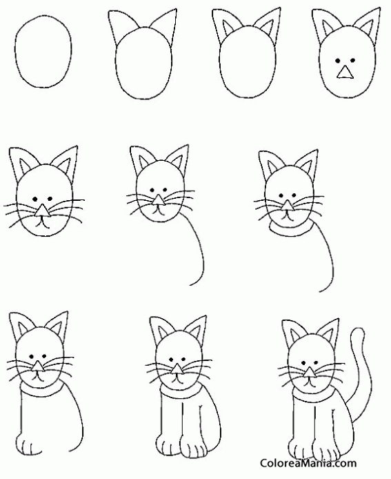 Colorear un gato sentado paso a paso (Como dibujar gatos), para colorear gratis